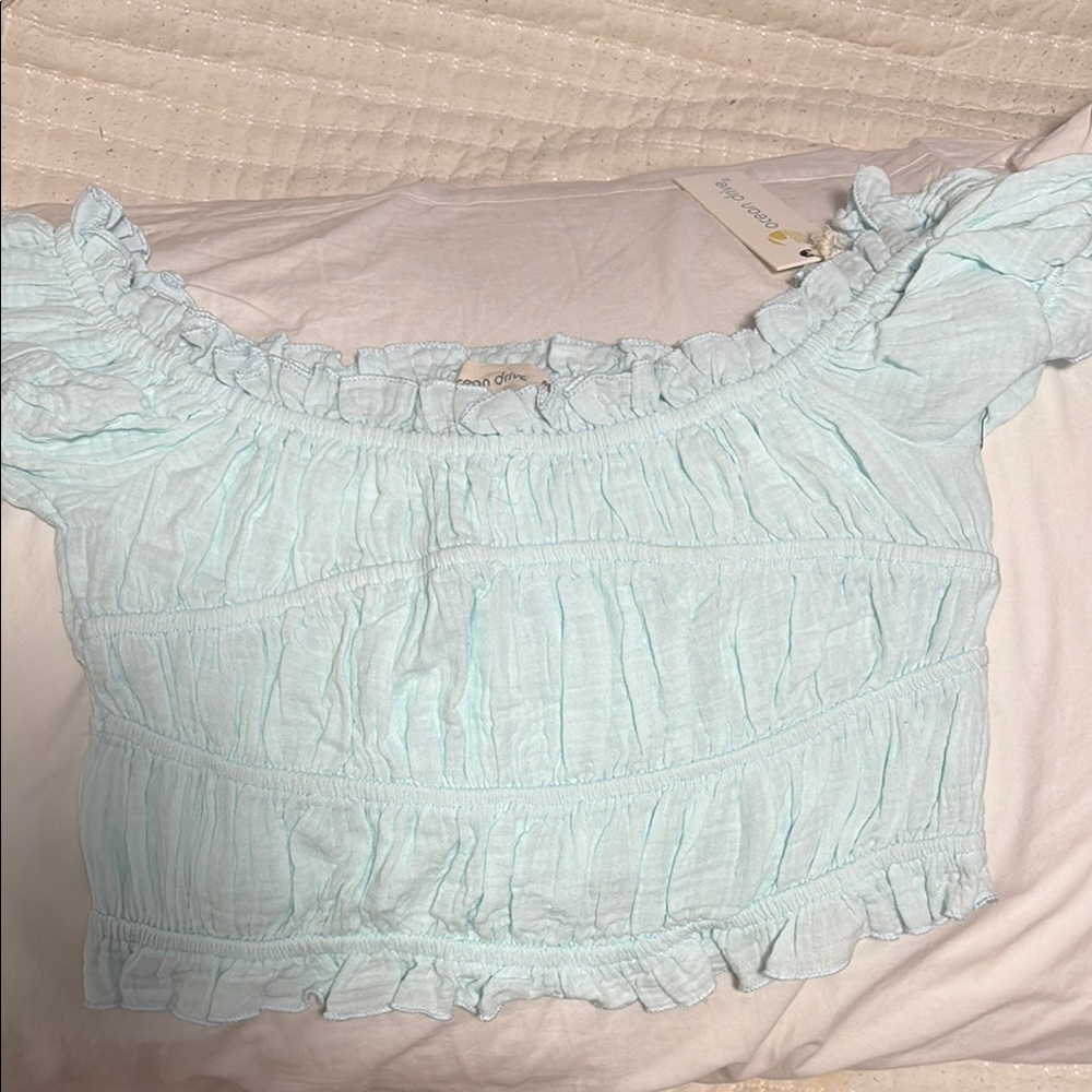 Ocean Drive Green and Blue Puff Sleeve Crop Blouse